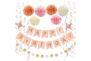 Party Decorations for Girls Women, Pink Rose Gold Birthday Decorations, Happy Birthday Banner, 6pcs Tissue Flower(Update Vers