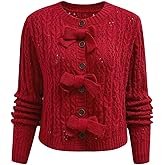 CHICWISH Women Hollow Out Cable Knit Cardigan Bowknot Button Up Crewneck Long Sleeve Casual Sweater Cardigan Coats