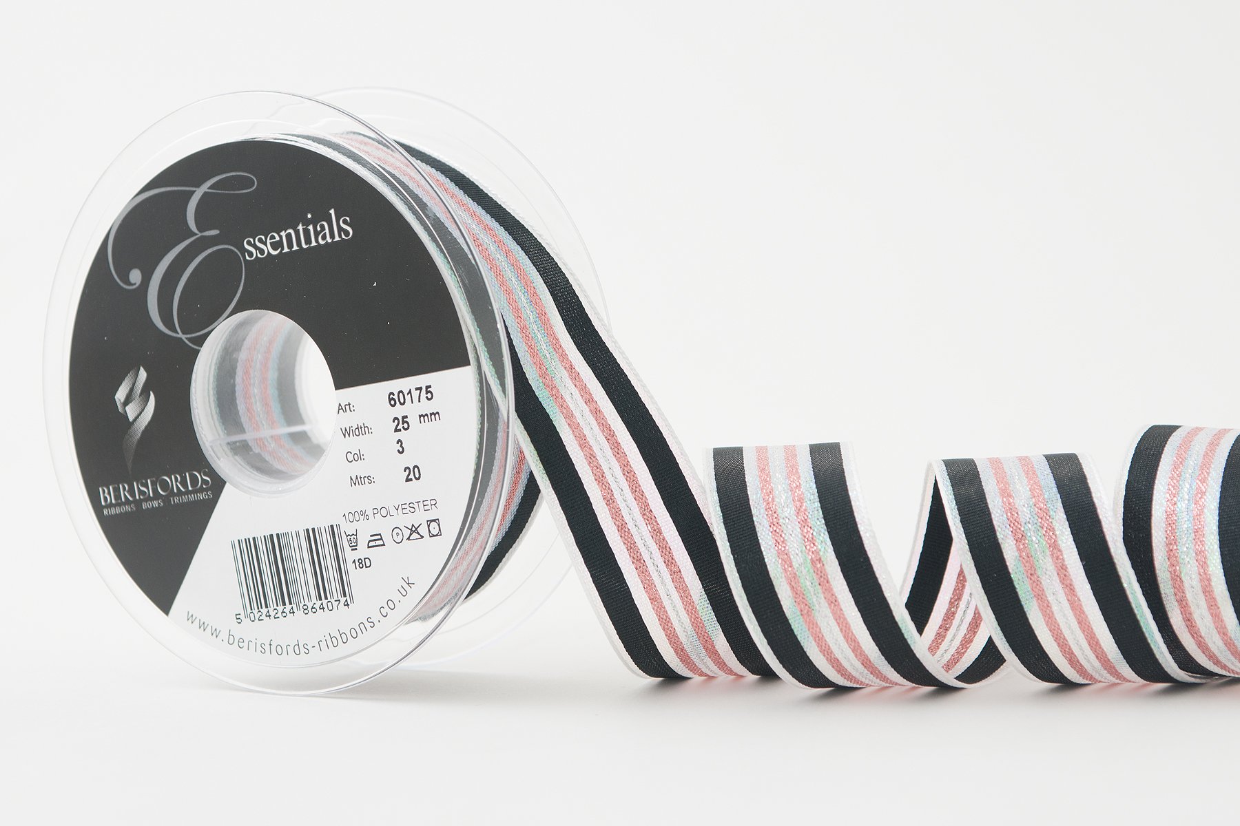 Berisfords Winter Stripe Ribbon, Pearl, 25 mm
