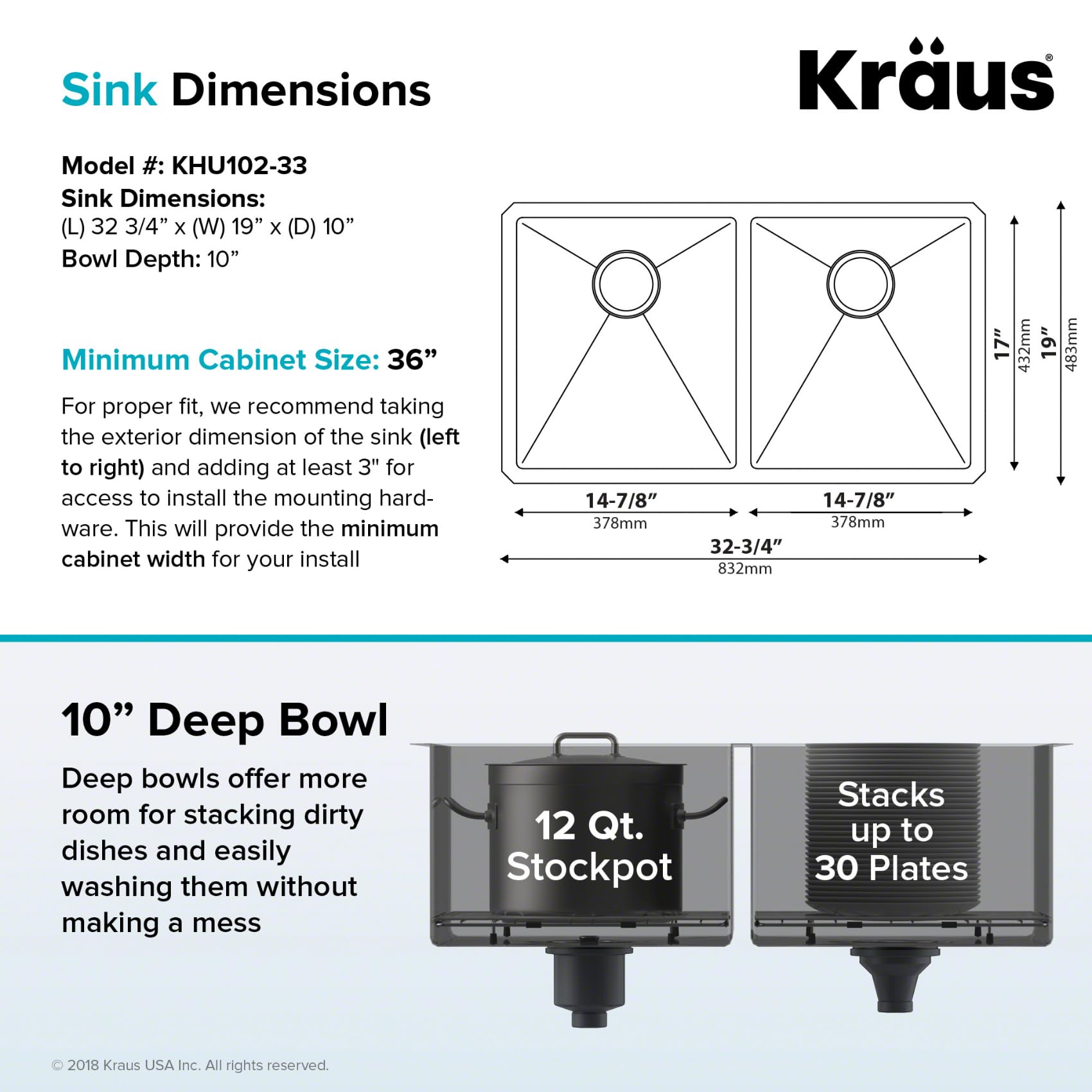 KRAUS Standart Pro 33 -inch Undermount 50/50 Double Bowl 16 Gauge Stainless Steel Kitchen Sink, KHU102-33