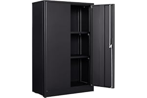GREATMEET Metal Storage Cabinet with Lock, Locking Metal Cabinet with 2 Adjustable Shelf, Steel Cabinet with Doors for Office,Home,Garage,Kitchen, Classroom,Black