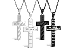 Romass 2Pcs Cross Necklace for Men Boys, Bible Verse Christmas Gifts Stainless Steel Silver Black American Flag Chains for Men Pendant Jewelry Box