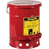 Justrite 6 Gallon Galvanized Steel Oily Waste Can | 16" x 12" Metal Oil Rag Safety Can with Quiet Foot-Operated Self-Closing Lid for Oil Rag Disposal, Made in The USA, Red,