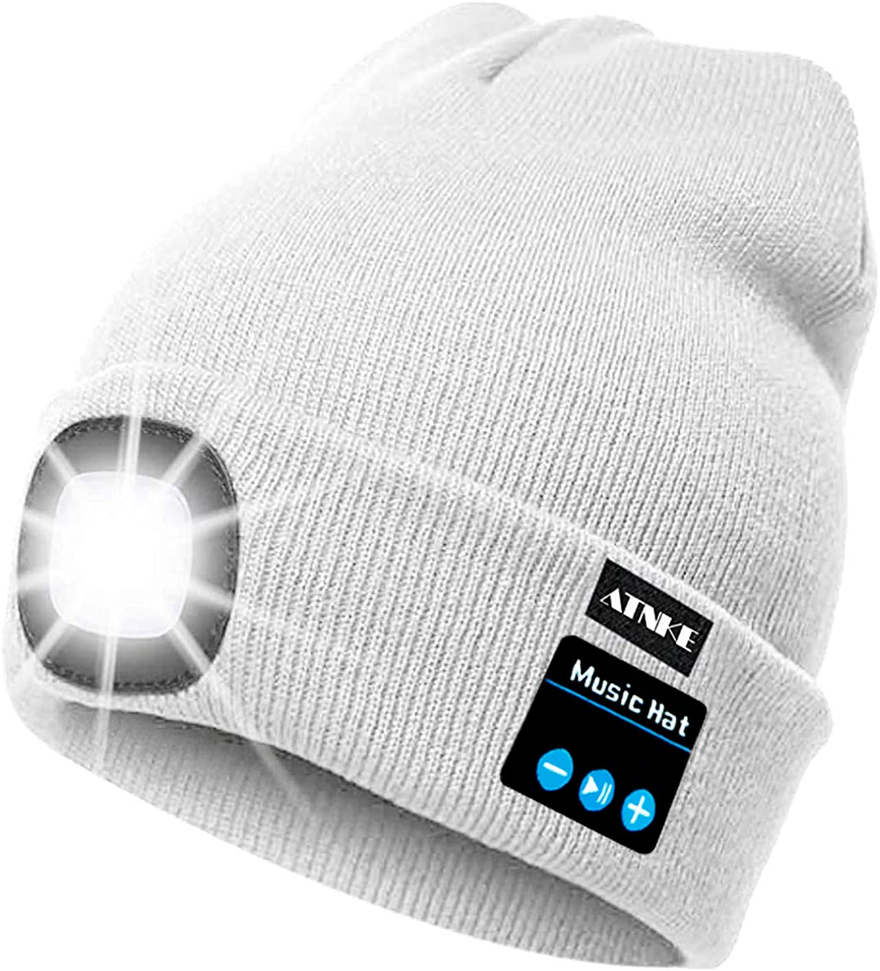 ATNKE LED Lighted Bluetooth Beanie Cap, USB Rechargeable Wireless Musical Running Hat Ultra Bright 4 LED Light Lamp Use for Skiing Hiking Camping Cycling/White
