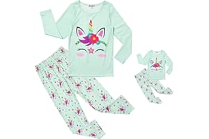 JXSTAR Matching Dolls & Girls Pajamas Unicorn Pjs Set Kids Cotton Sleepwear Pyjama…