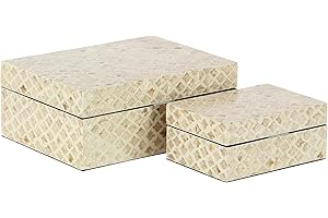 Deco 79 Mother of Pearl Shell Handmade Decorative Box Decorative Keepsake Boxes with Hinged Lid, Set of 2 Storage Boxes 12", 8"W, Cream