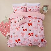 A Nice Night Red Bow Comforter Set,6 Piece Bed in a Bag Matching Sheet Set,Cute Ribbon Bowknot Bedding Sets,Princess Style Strawberry Printed,Light Pink Room Decor for Girls,Twin