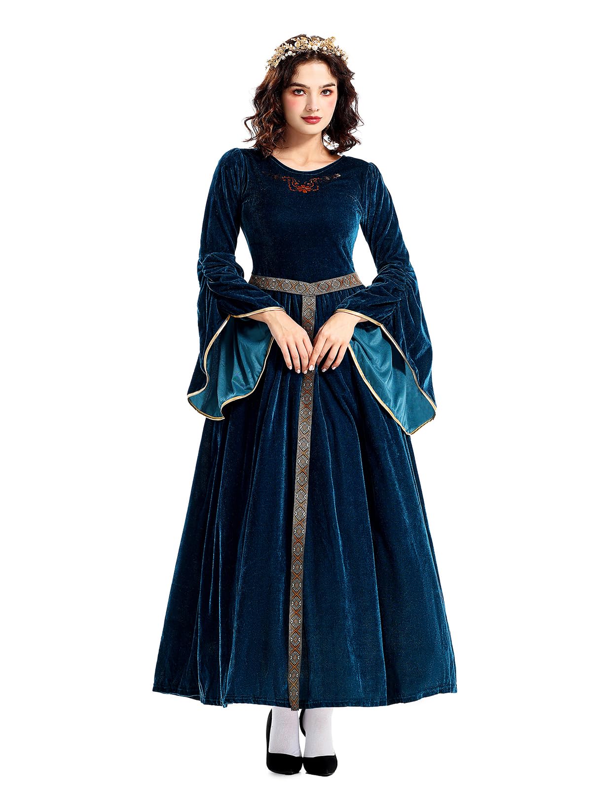 YUDATPG Women Renaissance Dress Medieval Costume for Women Long Dress Plus Size Velvet Queen Dresses Halloween Costume (Blue, S)