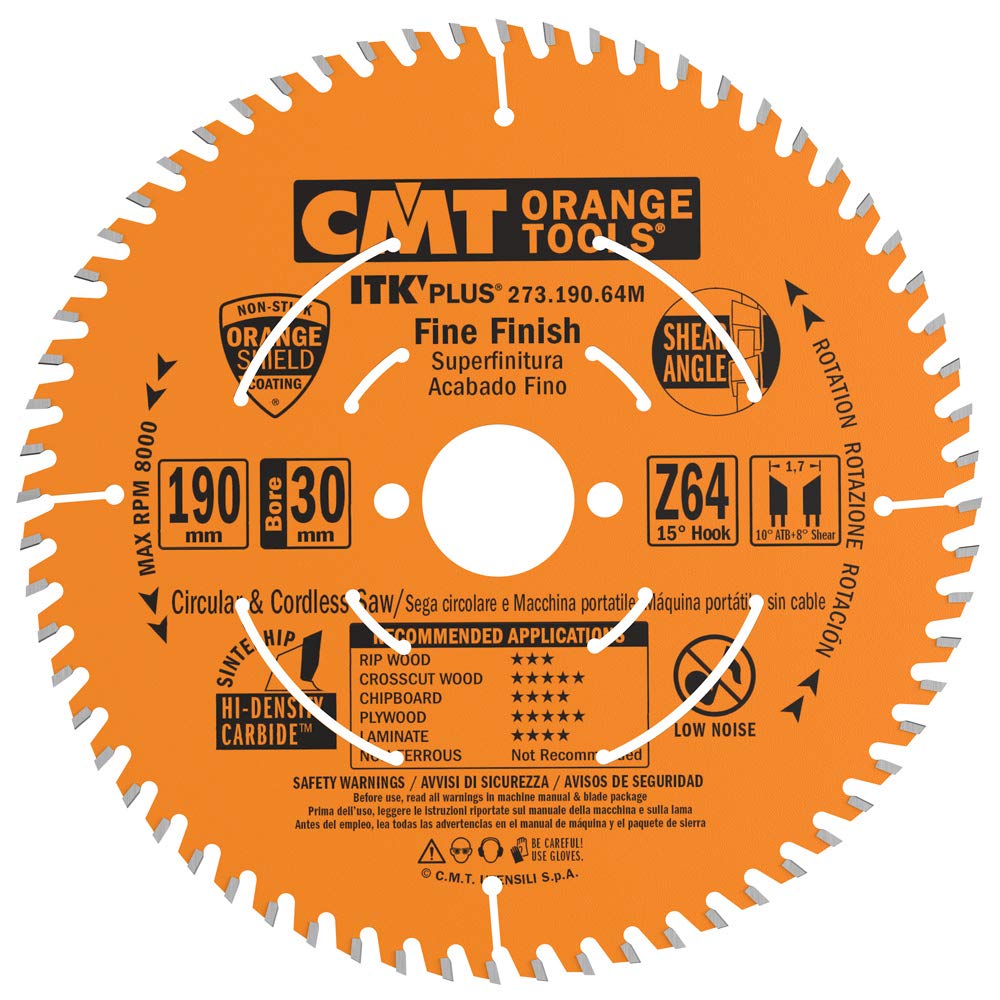 CMT 273.190.64M ITK Plus FINE Finish Saw Blade HW 190X1.7X30(+20+16) Z=64 ATB+S