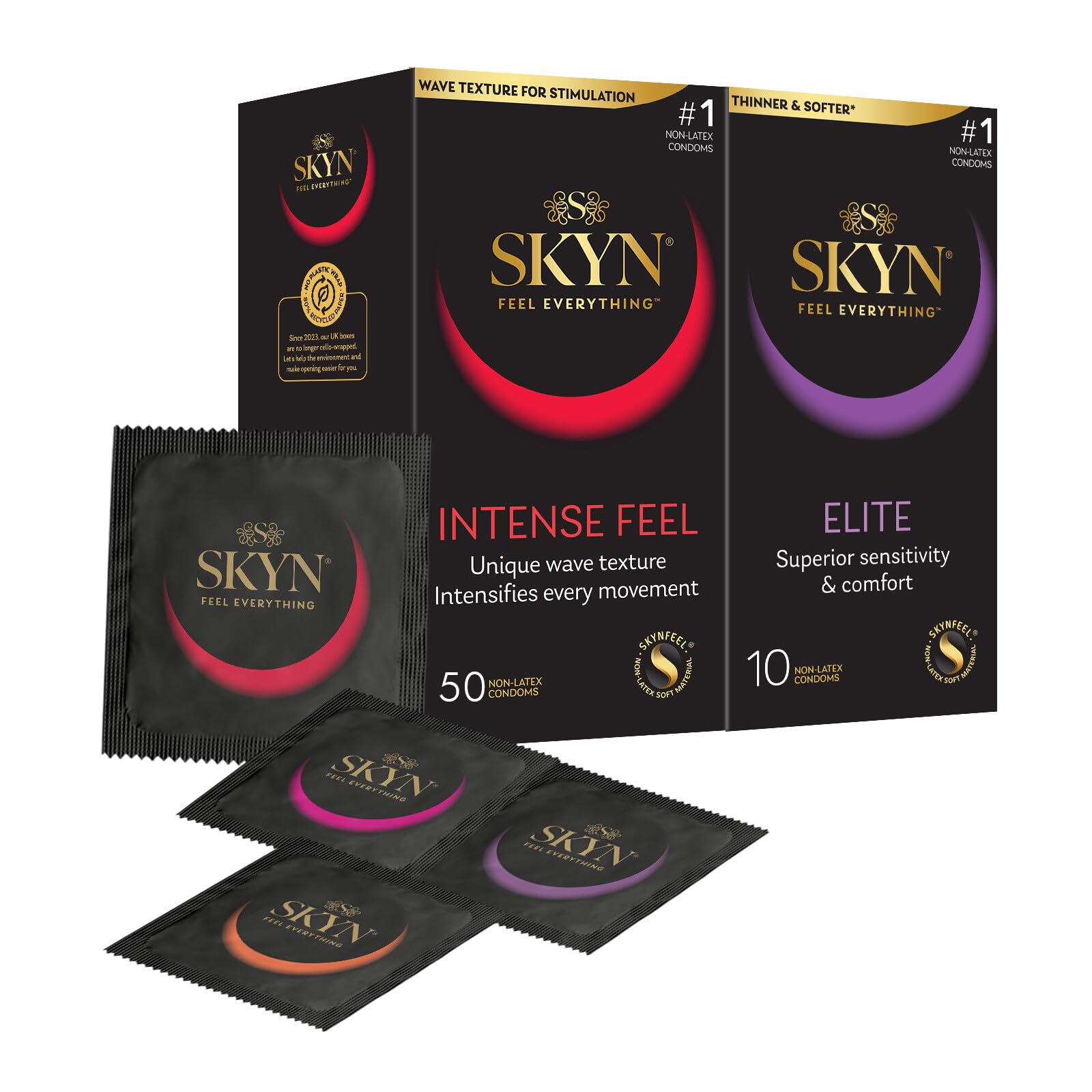 SKYN Intense Feel Condoms Pack of 50 & Elite Condoms Pack of 10 / Skynfeel Latex Free for Men, Regular Size, Ribbed and Dotted Straight Shape, Ultra-Thin & Soft — image 1