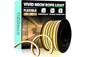 GZBtech Flexible LED Neon Rope Lights 33FT,AC 110-120V Waterproof Strip Light, 120 LEDs/M Cuttable Connectable Neon Lighting for Indoor Outdoor Home Decor/Commercial Building Use-Warm White 10M