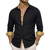 Barry.Wang Mens Linen Shirt Floral Collar Breathable Casual Summer Shirts | Contrast Flowers Inner Cuff,Long Sleeve,Cotton Linen,Button Down,Textured Tops with Pocket,Regular Fit,Wedding Daily Travel