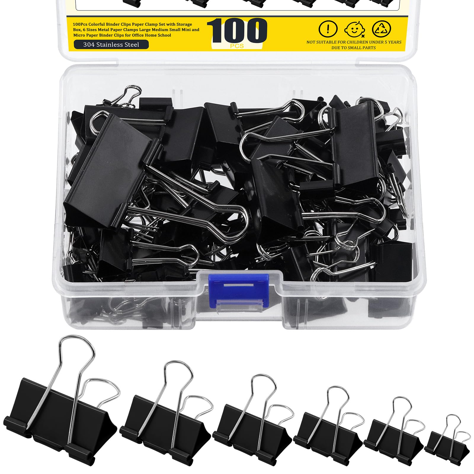 Mardatt 100Pcs Black Binder Clips Set, 6 Assorted Sizes Paperclips Binder Paper Clips Large Medium Small Colored Paper Clamps Binder Clips for Home School Office Supplies