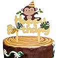 Gold Acrylic Monkey Happy Birthday Cake Topper, Monkey Birthday Cake Decor, Safari Jungle Themed Birthday Party Supplies, Zoo Animals Centerpiece