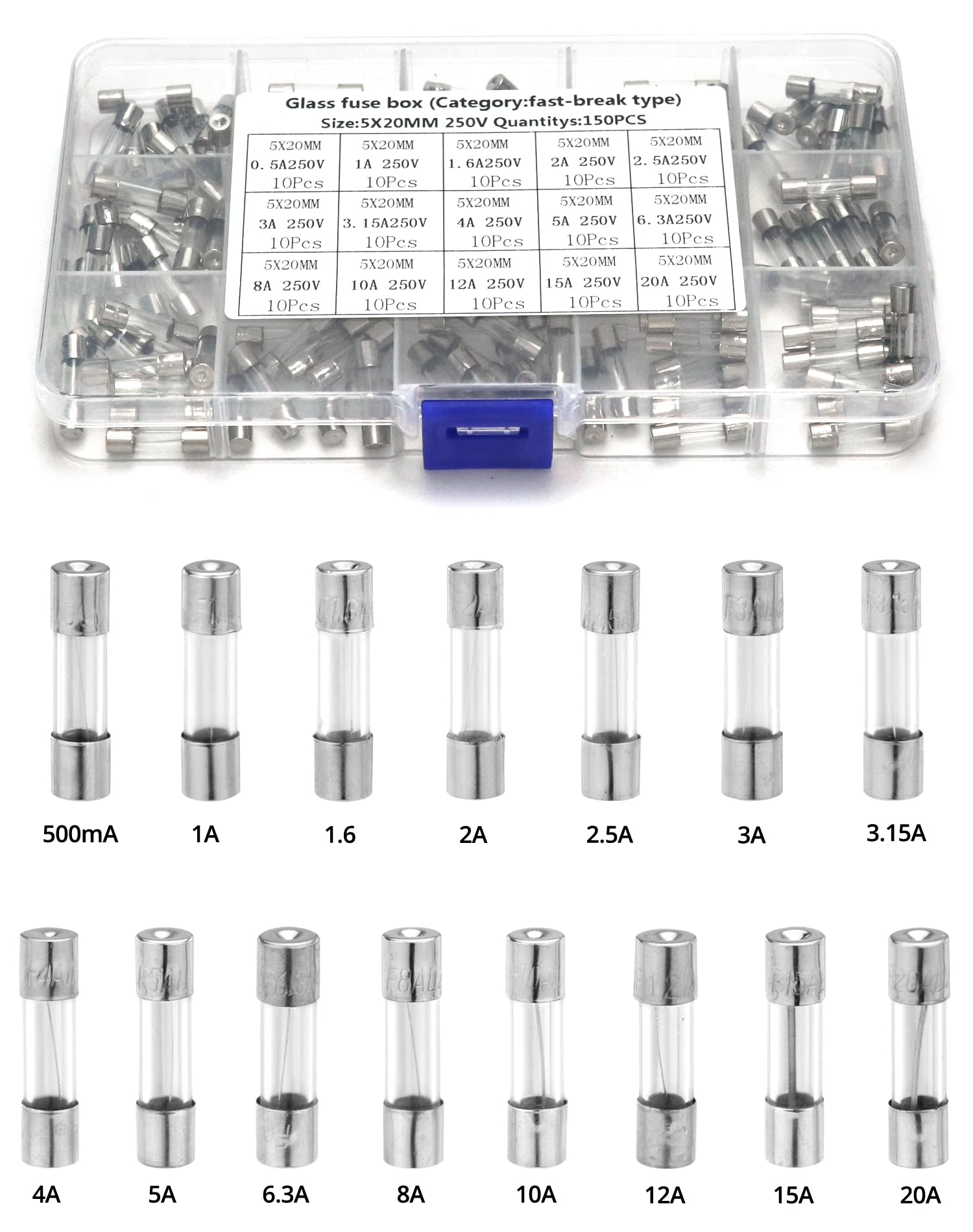 QWORK® Glass Fuse Assortment Kit,15 Value 150 Pcs 0.5A 1A 1.6A 2A 2.5A 3A 3.15A 4A 5A 6.3A 8A 10A 12A 15A 20A, 250V, 5x20mm, for Protecting Electrical Equipment