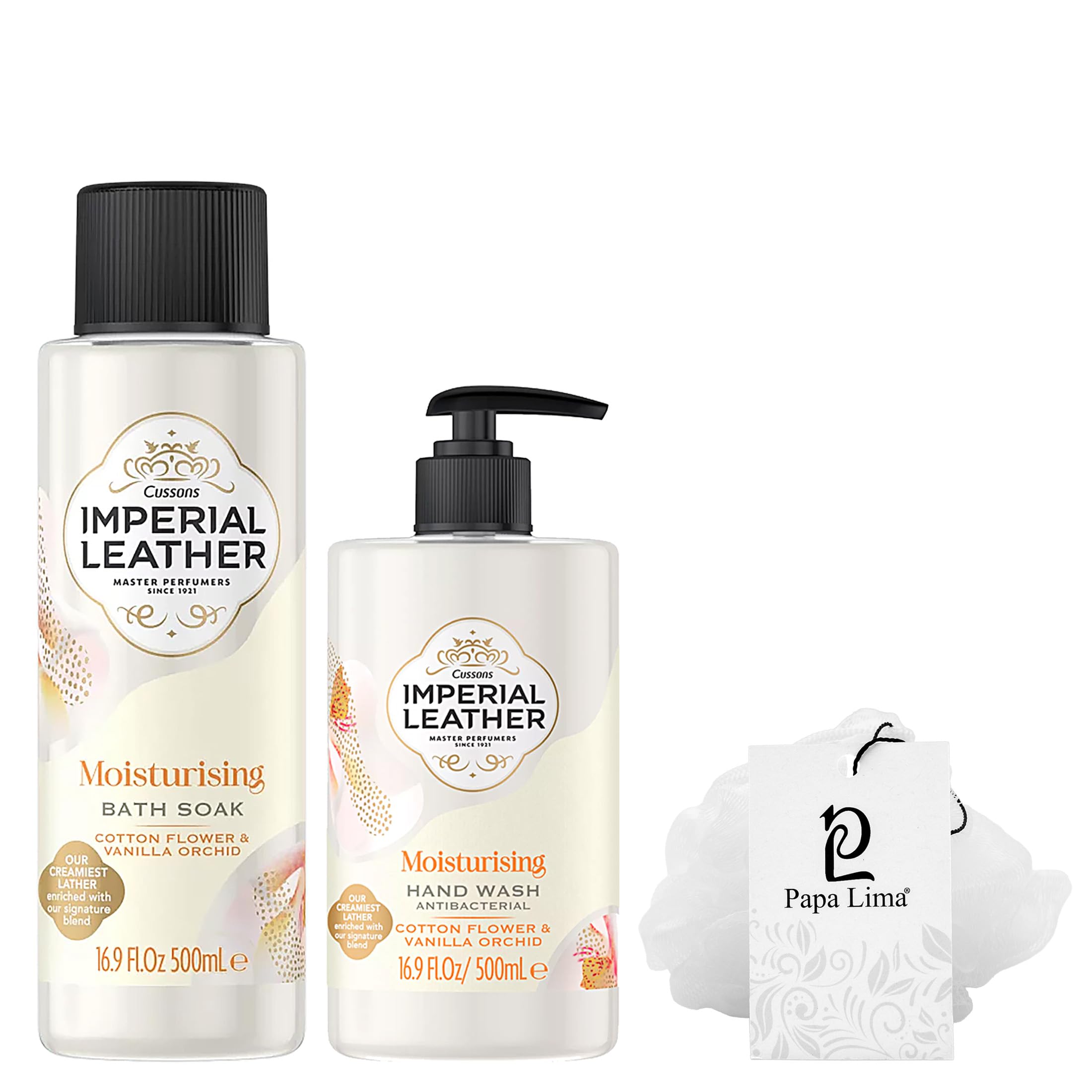 Papa Lima Imperial Leather Moisturising Bath Soak & Hand Wash Bundle - Cotton Flower & Vanilla Orchid Scented with Antibacterial Formula - Includes Body Puff