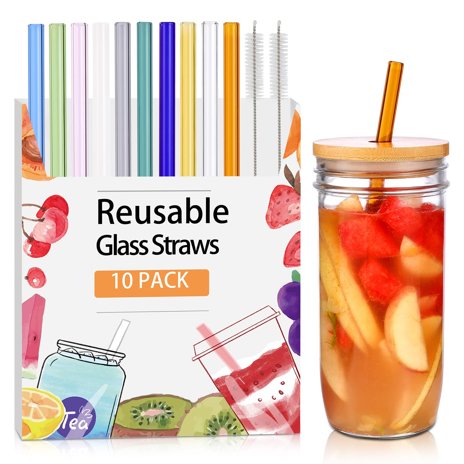 Photo 1 of [10 Pcs] Reusable Glass Straws Shatter Resistant - 9" x 10 mm Multicolor Drinking Reusable Straws With 2 Cleaning Brushes for Coffee,Milkshakes,Juice Drinks