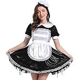Hoplizy Women Sissy French Maid Puff Sleeves Metallic Satin Dress Costume Headdress Set Crossdressing