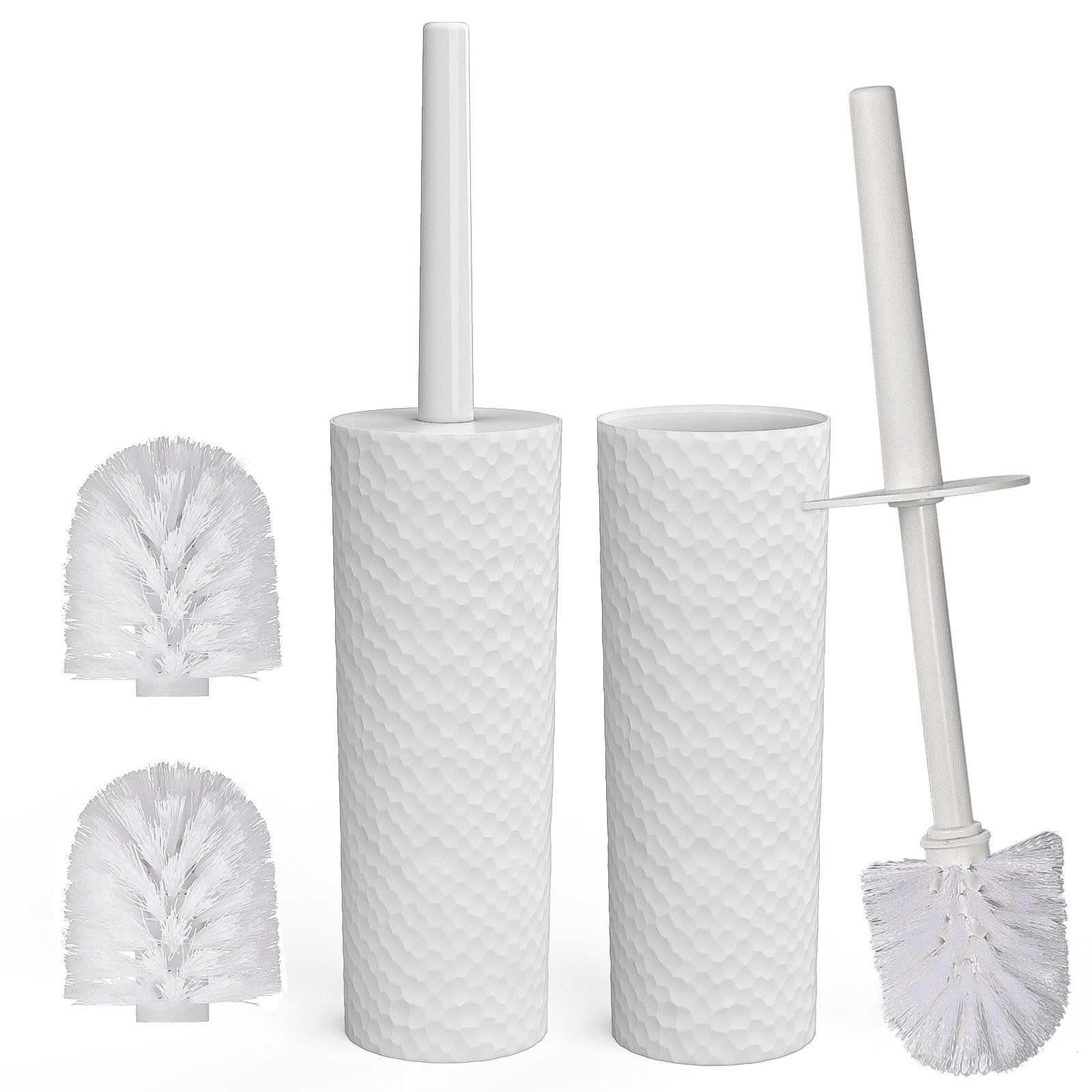 Photo 1 of Topsky Toilet Brush & Holder Set, 2 Pack Plastic Round Barrel Loo Brush with 2 Replacement Heads, Durable for Bathroom, White