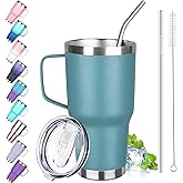 GUDEMAO 30 oz Tumbler with Handle, Stainless Steel Insulated Tumbler with Lid and Straw, Double Wall Vacuum Coffee Mug Tumbler, Insulated Coffee Thermal Cup for Cold and Hot (Maya Blue)