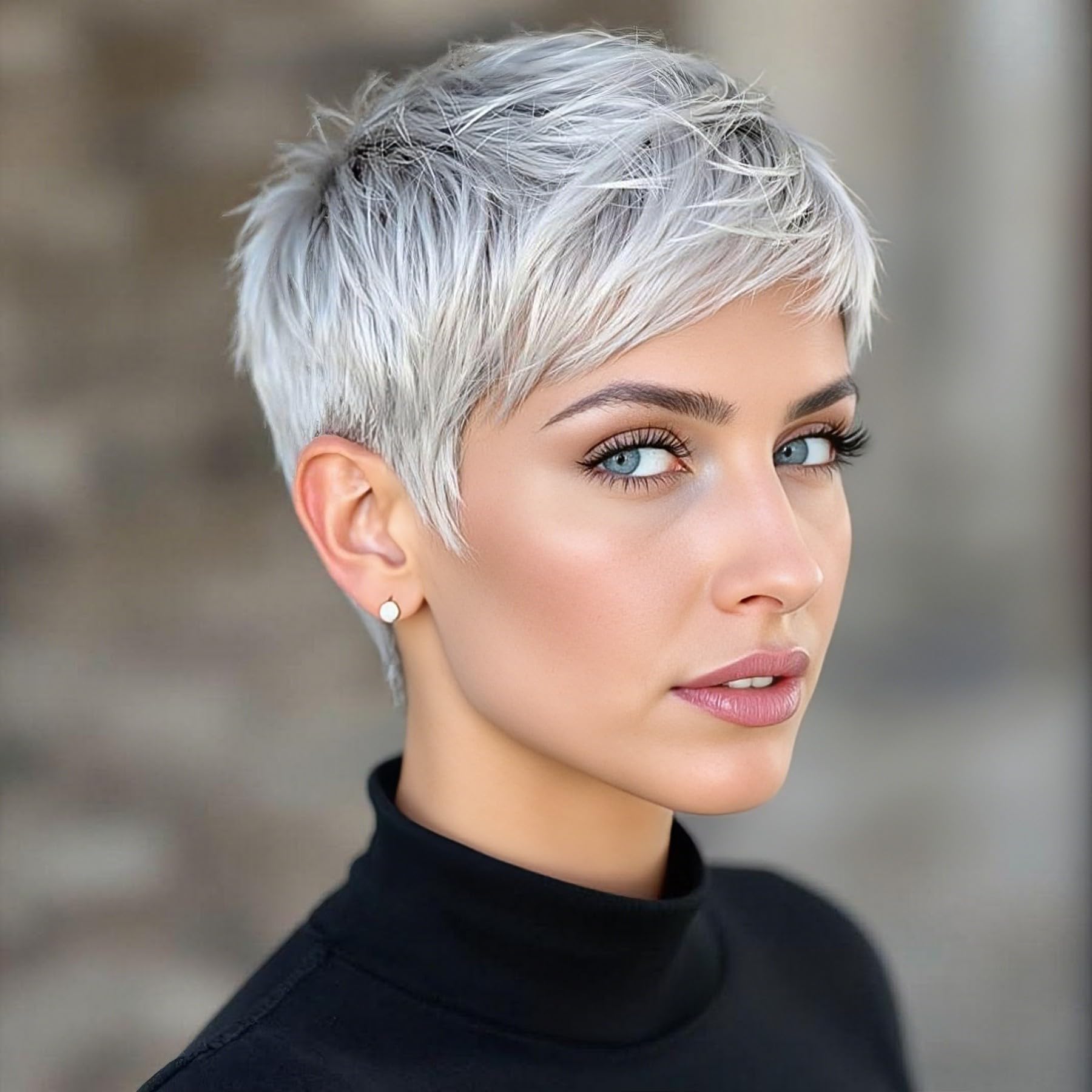 Photo 1 of BeiSDWig Platinum Pixie Cut Synthetic Wig, Short Silver Gray Hair, Textured Layered Style Synthetic Short Pixie Wigs for Women