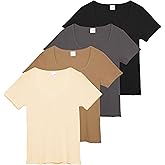 Real Essentials 4 Pack: Women's Soft Ribbed Knit Split Neck T-Shirt - Casual Office Summer Top (Available in Plus)