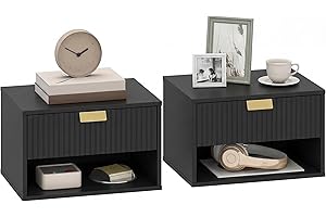 HOMCOM Floating Nightstands Set of 2, Modern Wall Mounted Bedside Tables with Fluted Drawer and Open Shelf, Small Night Stand