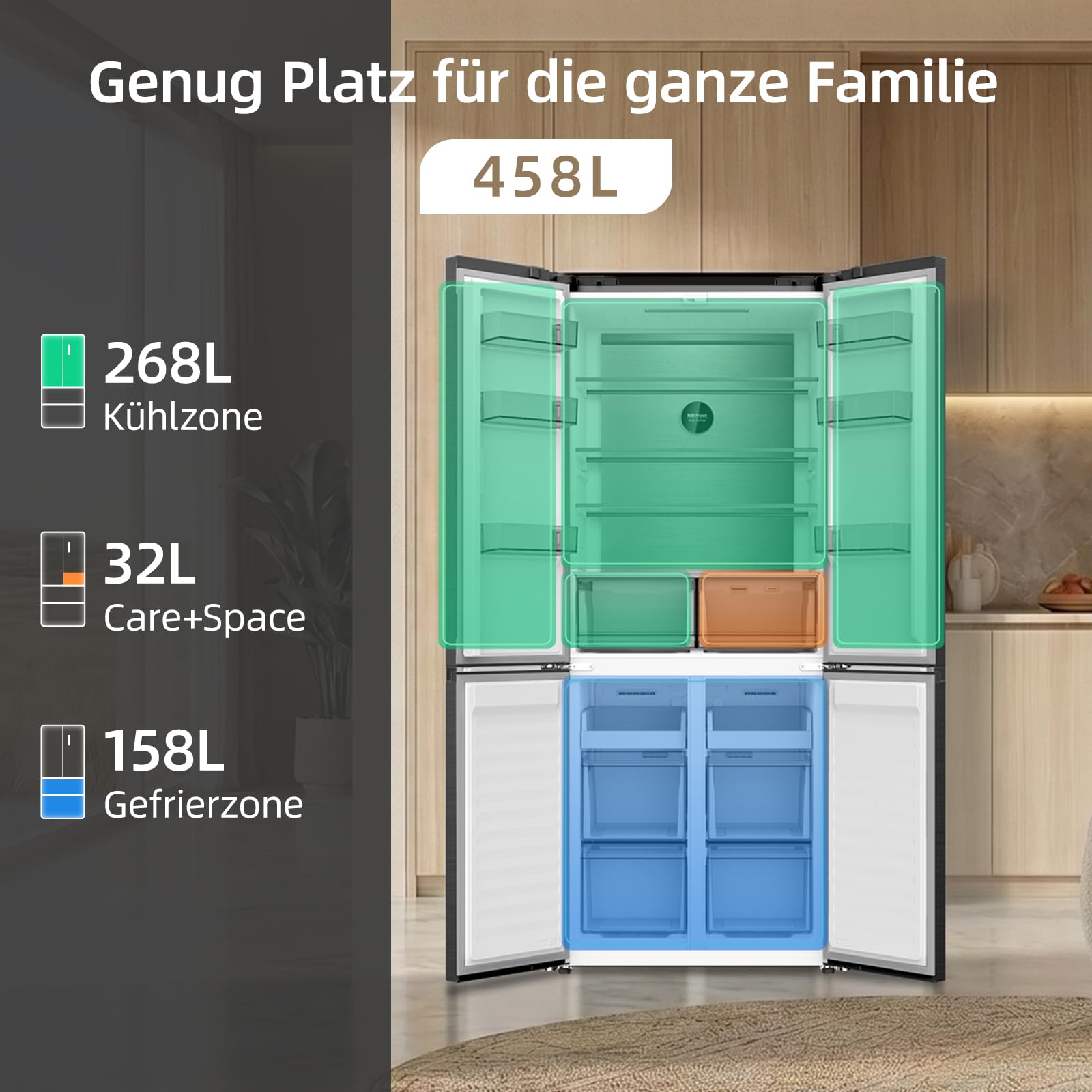 CHiQ Cross Door Kühlschrank, No Frost, 458L JustFit, MultiAirflow-System 4