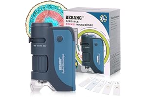 BEBANG Pocket Microscope for Kids, 60x-120x Handheld Mini Microscope with LED Lights, 5 Microscope Slides Kits, Portable Micr