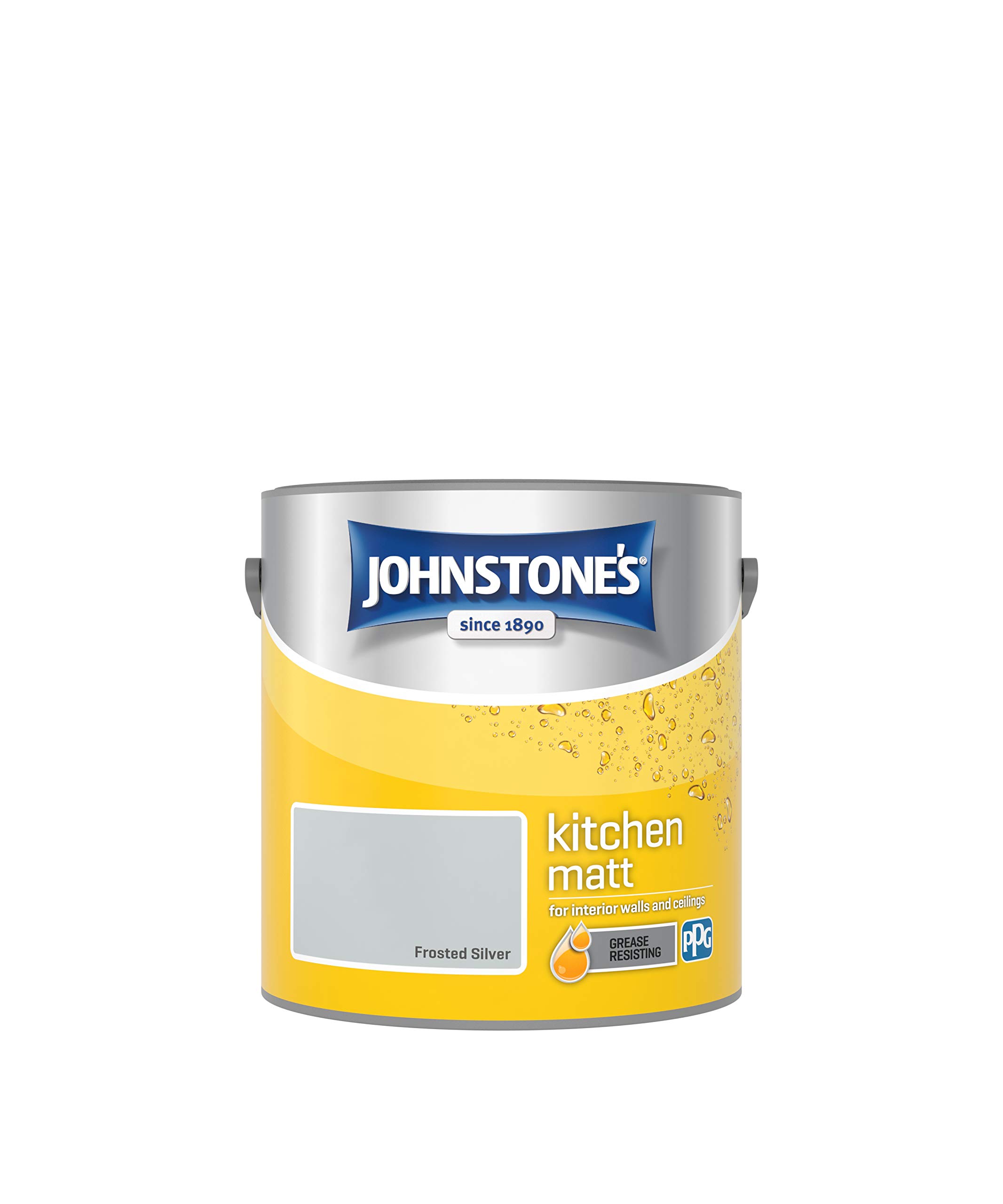 Johnstone's - Kitchen Paint - Frosted Silver - Matt Finish - Grease & Stain Resistant - Suitable for Kitchen Walls & Ceilings - Highly Durable - Low Odour - 12m2 Coverage per Litre - 2.5L
