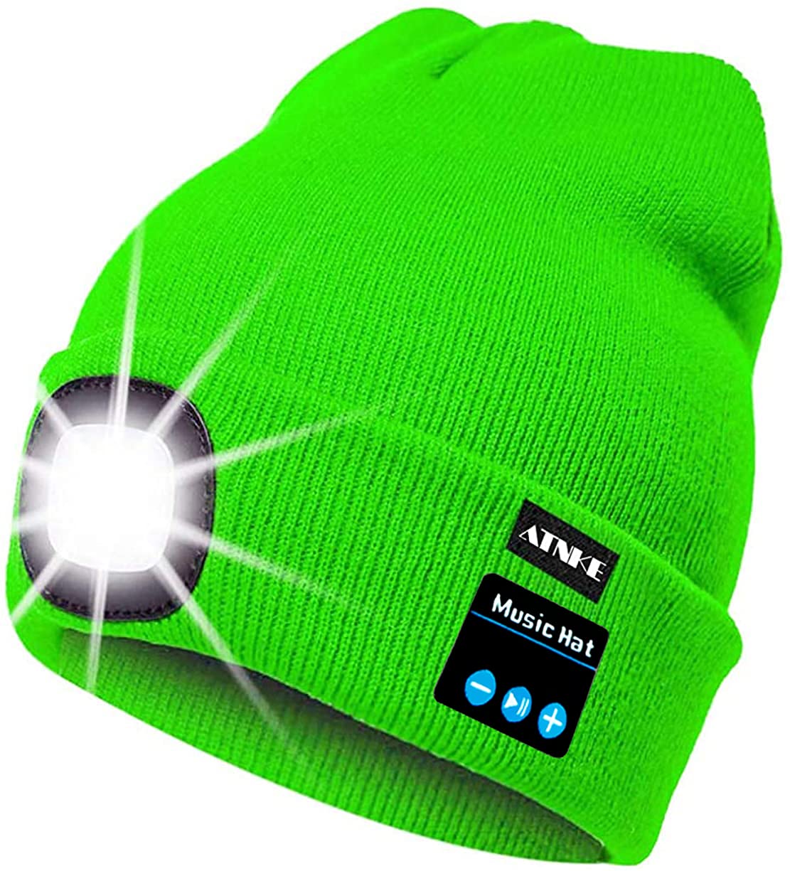 ATNKE LED Lighted Bluetooth Beanie Cap, USB Rechargeable Wireless Musical Running Hat Ultra Bright 4 LED Light Lamp Use for Skiing Hiking Camping Cycling/Fluorescent Green