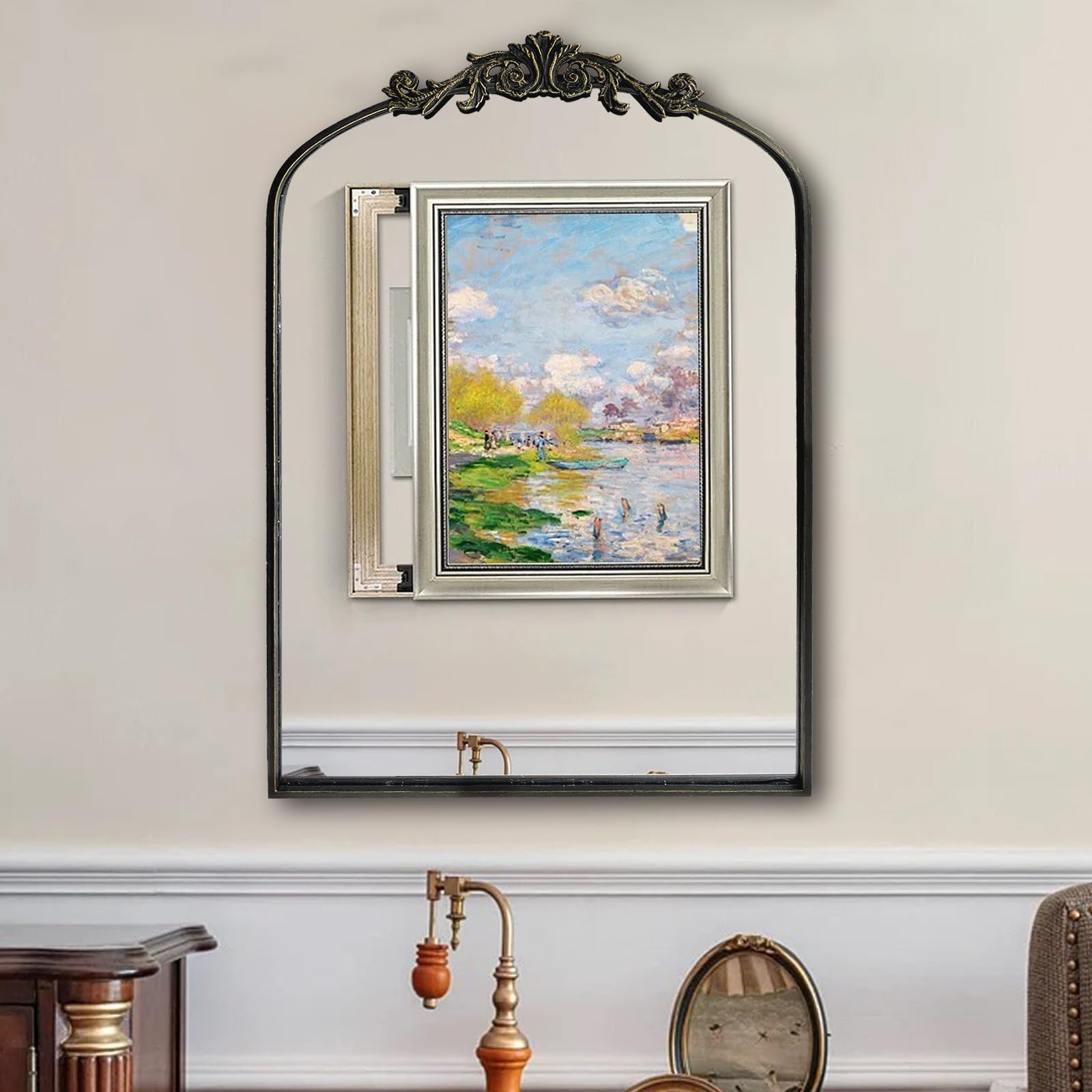 HQiJun Wall Mirror Window Decorative Traditional Mirrors Antique Arched Farmhouse for Living Room Bedroom Entryway Bathroom Vanity (36 * 24 * 1.2, Black)