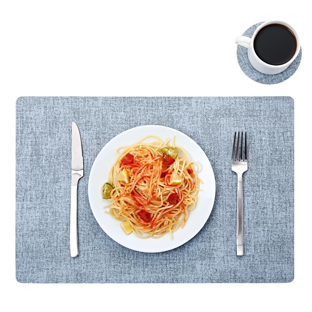 Leather Placemats and Coaster Sets 6, Large Table Mats, Waterproof & Heat Resistant Place Mats(Blue)