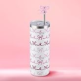 Juicy Couture Glam Slip 24oz Stainless Steel Hydration Tumbler with Straw Topper, Pink Doodle Bows