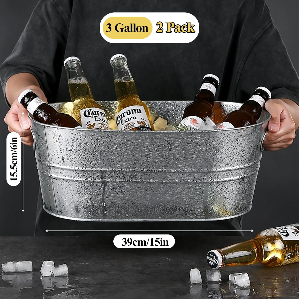 2 Pack Galvanized Tub Ice Bucket Large Metal Drink Buckets for Parties Beer Beverage Tub with Carry Handles for Champagne Cocktails Wine Cooling for Mimosa Bar Supplies 3 Gallon