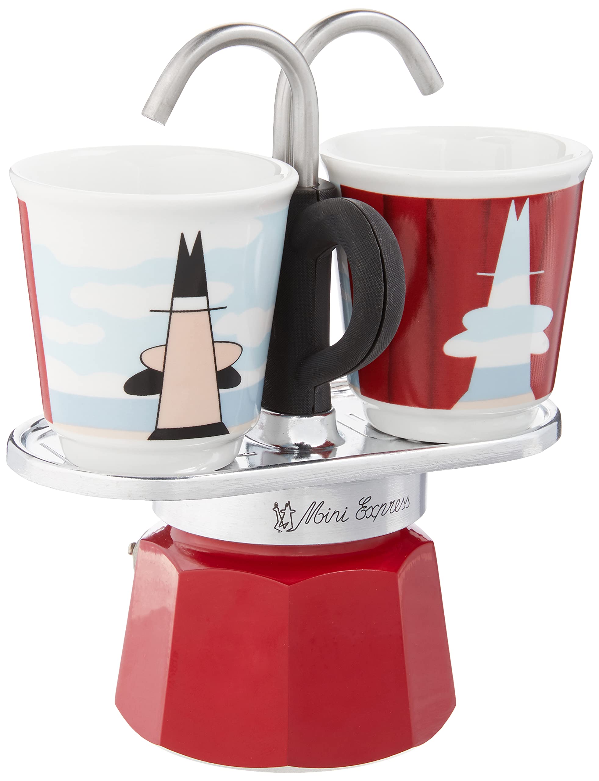 Bialetti Mini Express Magritte, Coffee Maker + 2 Shot Glasses, 2 Cups, Aluminium