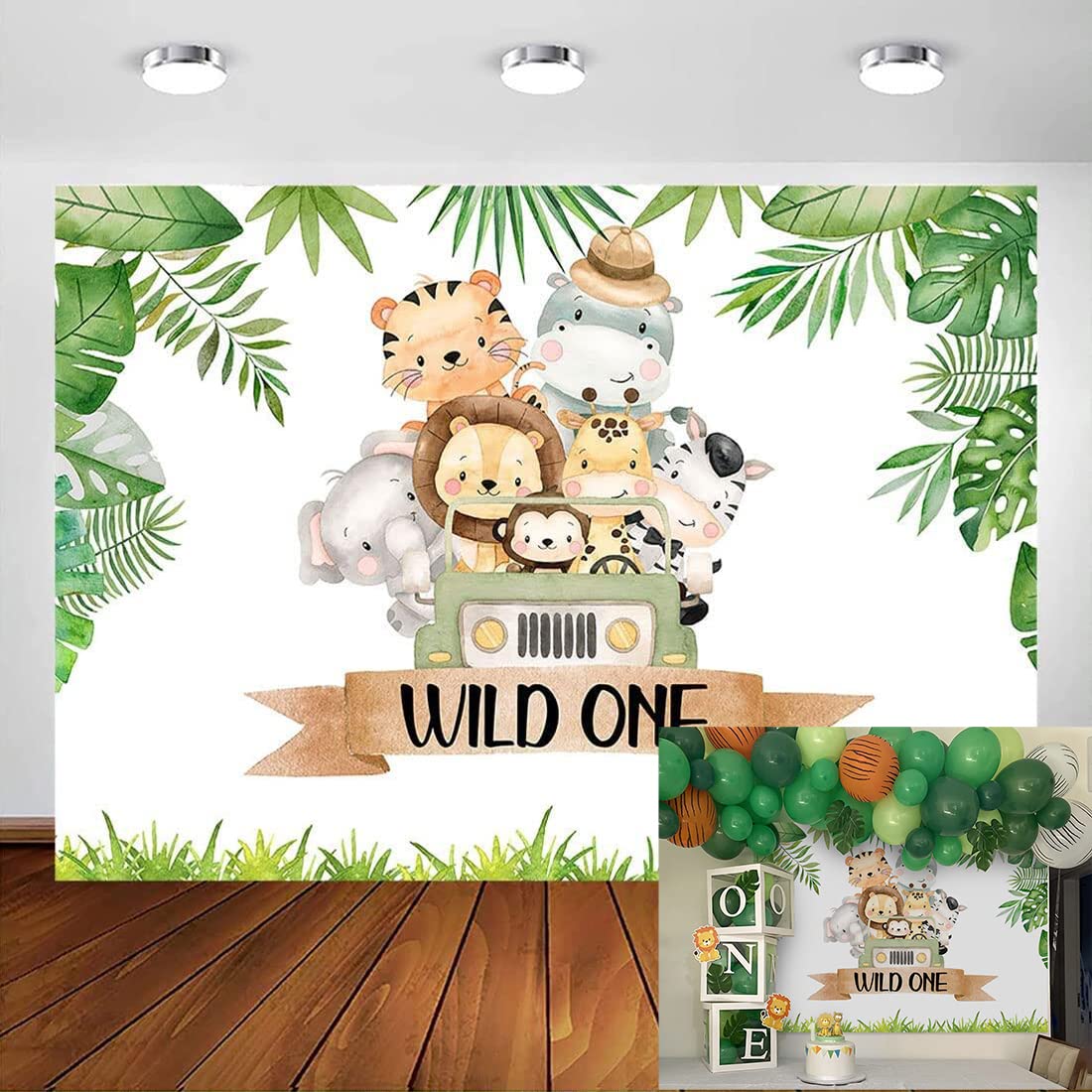 Avezano Wild One Birthday Backdrop 7x5ft Safari First Birthday Party Photo Background Woodland Zoo Elephant Monkey Unisex Baby Shower Photography Banner Green,White