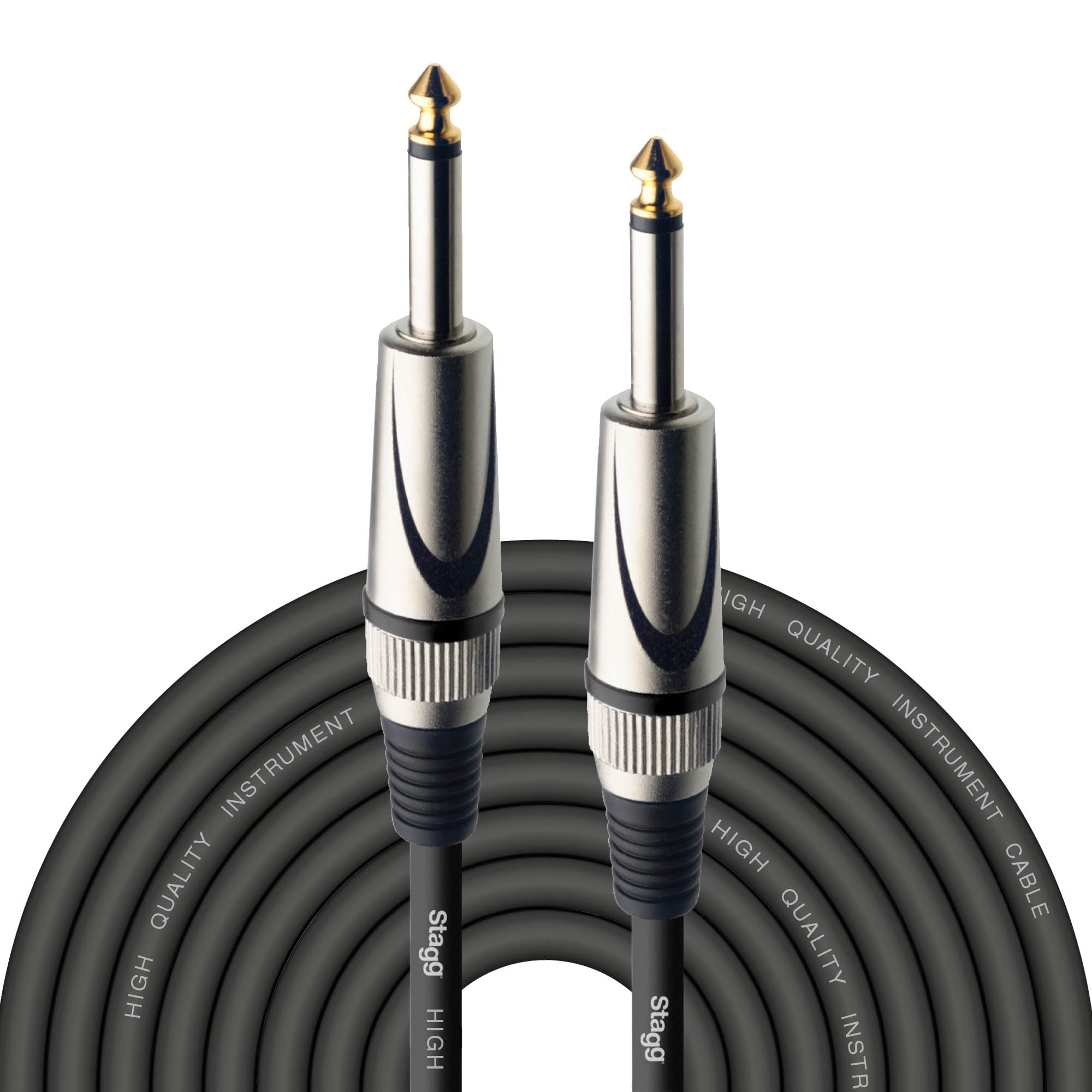 Stagg Deluxe Instrument Cable, 1/4" 6.35mm Jack To Jack, Heavy-Duty Connectors, 10 Metres / 33 Feet, Black