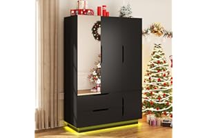 Hlivelood 3 Doors Armoire Wardrobe Closet with Mirror,2 Large Drawers, LED Light Wood Wardrobe Closet, Armoire with Hanging Rod for Bedroom, Black