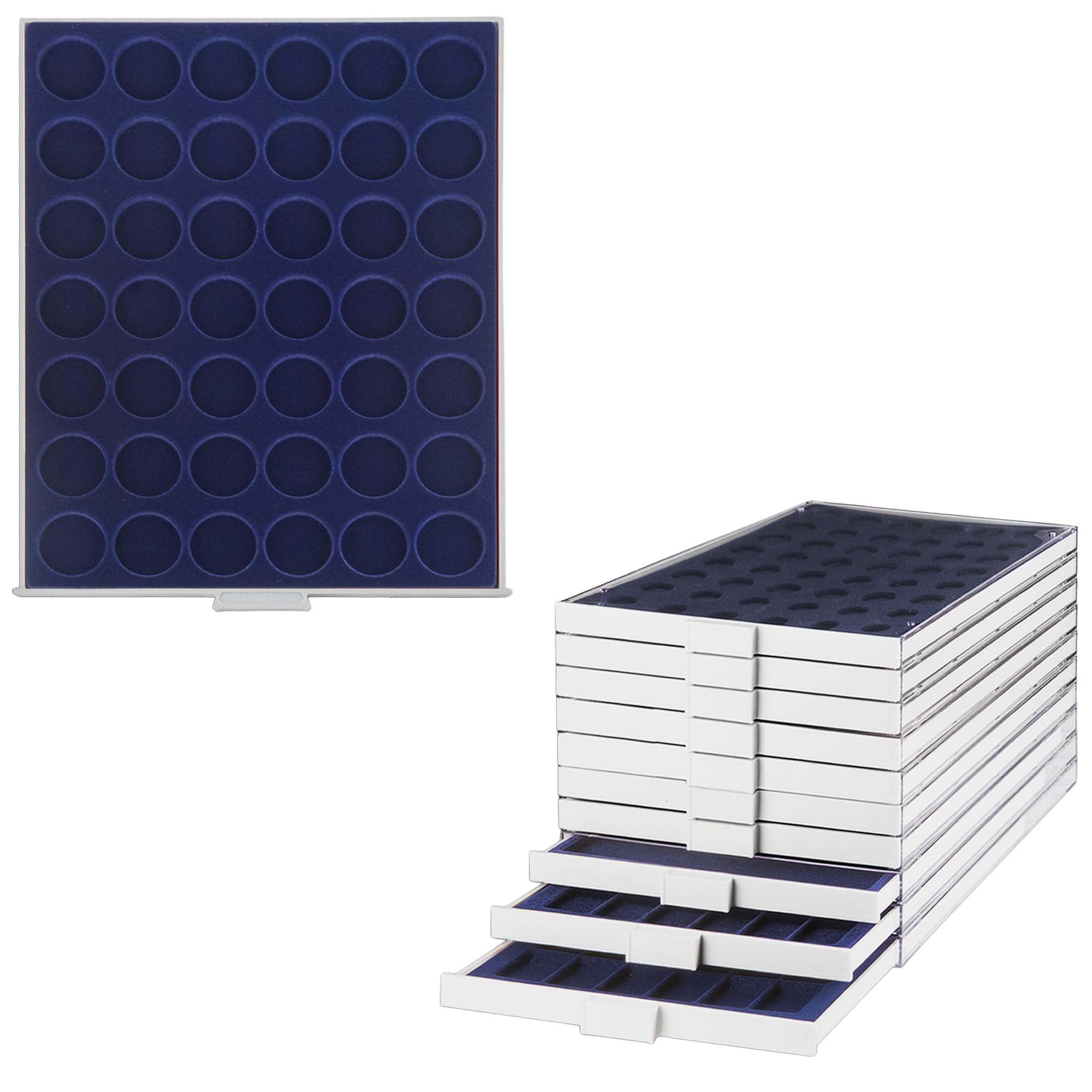 Prophila coin box gray 42 round compartments for 2-€uro-coins in capsules or coins up to 32 mm, blue insert