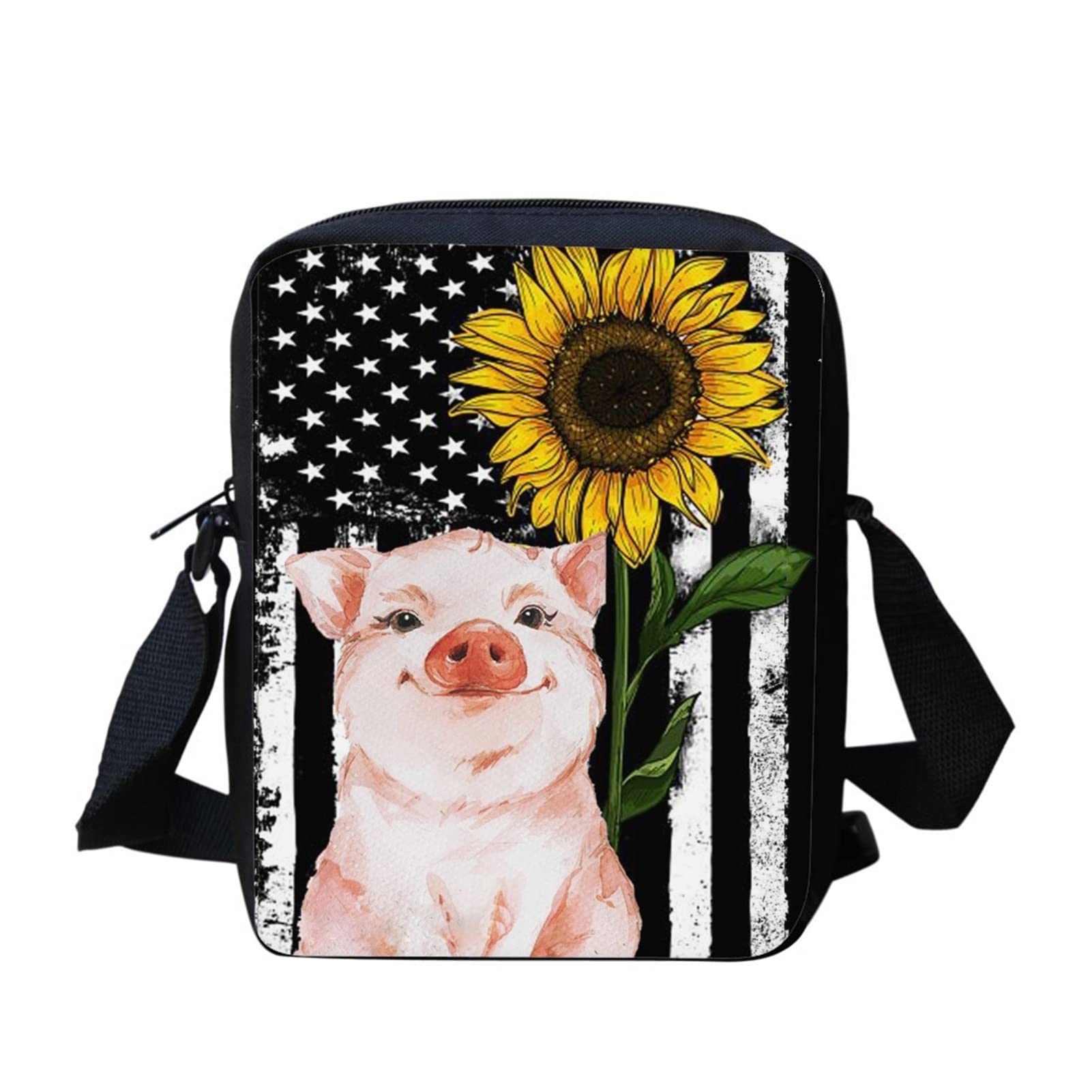 Dolyues Funny Pig Sunflower American Flag Print Women Small Messenger Bags with Inner Pocket Travel Beach Crossbody Bags — image 1