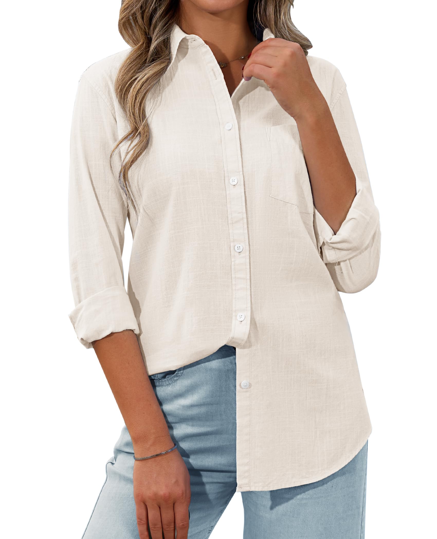 Photo 1 of *LARGE* siliteelon Button Up Shirt Women Dressy Long Sleeve Linen Casual Work Office Blouse Collared Tops with Pocket Beige L
