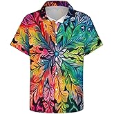 Liohans Men Psychedelic Colorful Tie-Dye 3D Printing Button Shirt Mysterious Aurora Totem Short Sleeve Shirt