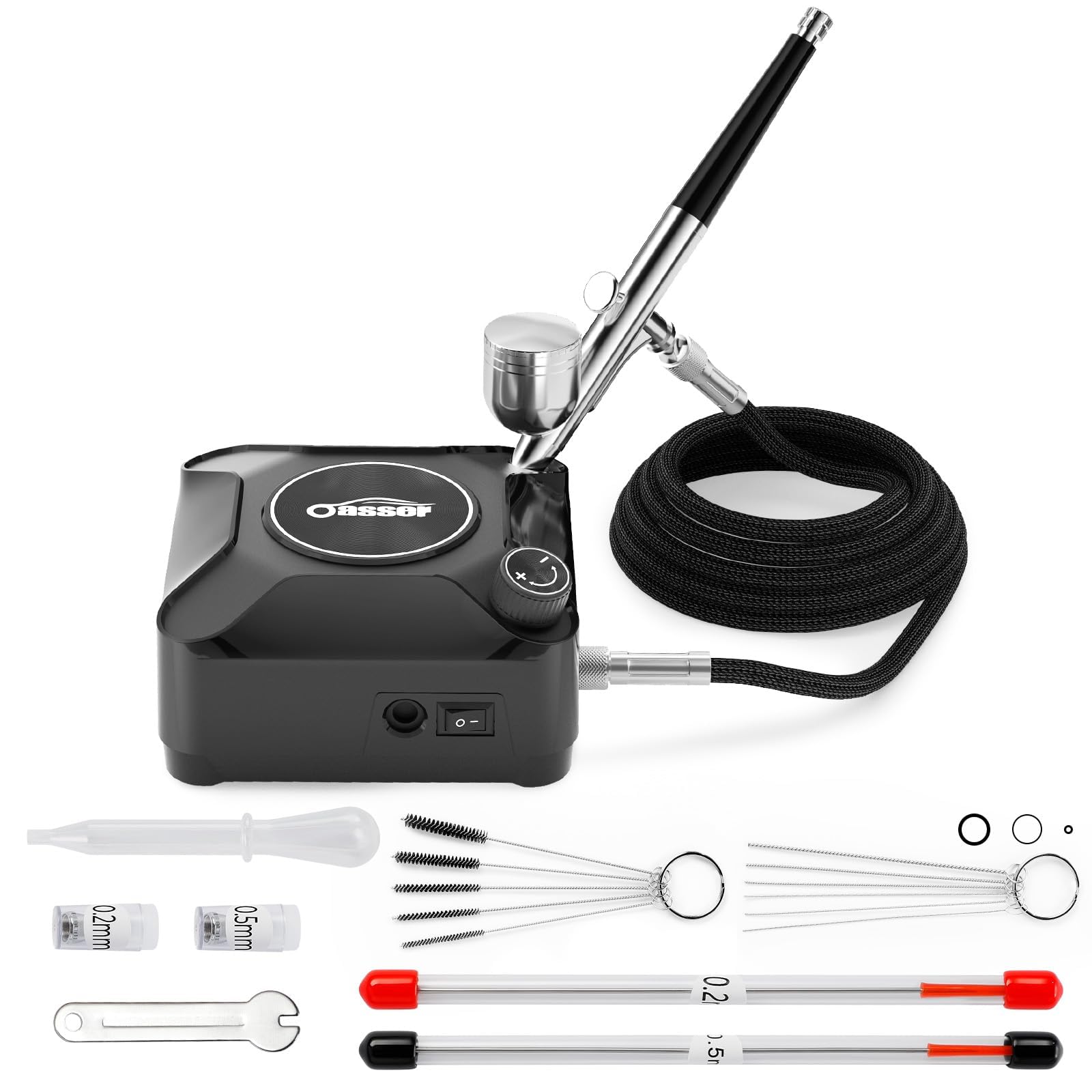 Oasser エアブラシ セット ミニコンプレッサー ダブルアクション 無段階圧力制御タイプ2-36PSI調節可能 プラモデルの塗装 ボディーアート 塗装用具 持ち運びやすい 初心者向け ノズル口径0.2mm 0.3mm 0.5mm (36PSI)商品画像