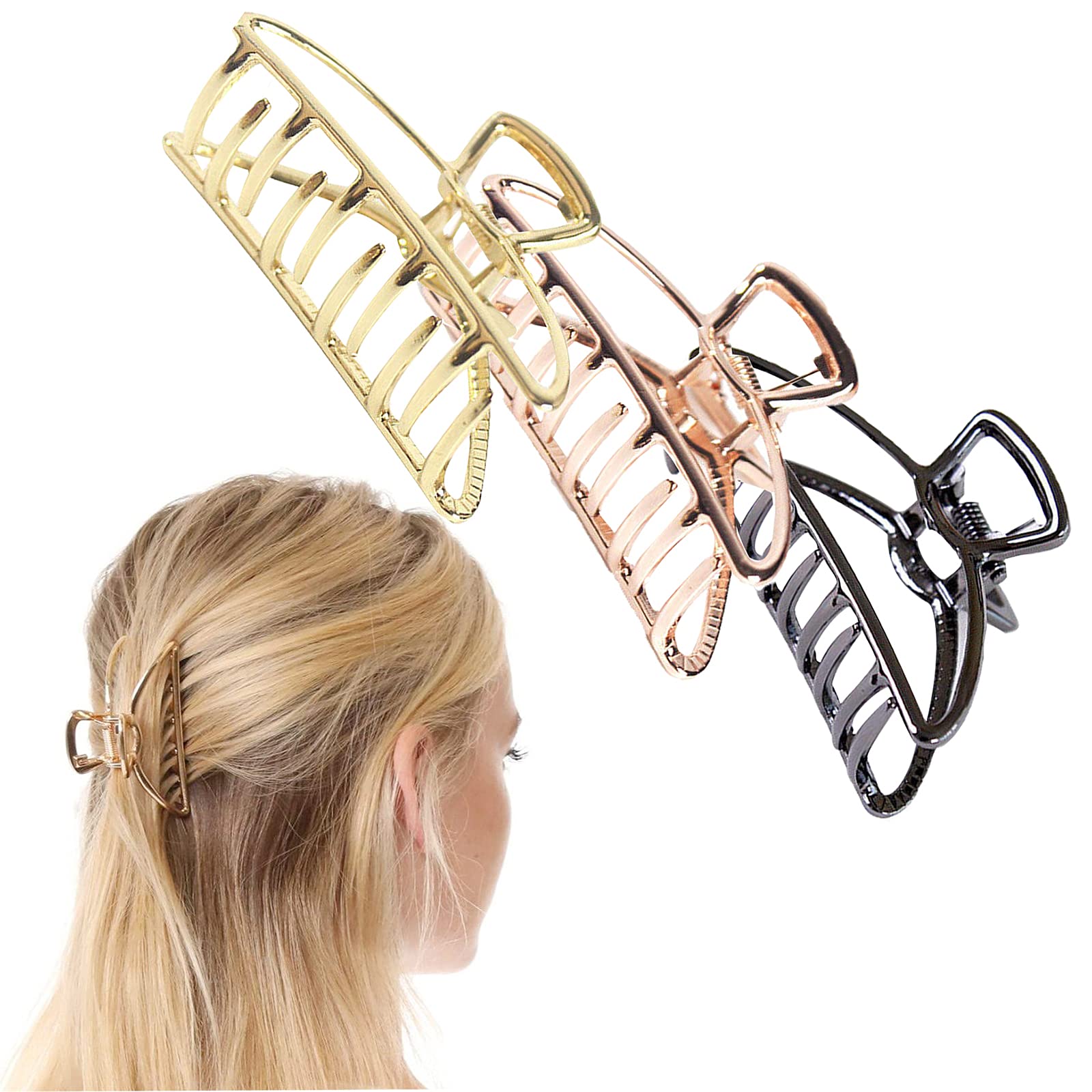 CAILI 3 pcs Hair Claw Clips,Crescent Hairpin,Metal Hair Clamps,Simple hairdressing Tools, Vintage Hair Accessories, Shower Clips，Strong Hold for Hair（Gold + Black + Rose Gold）