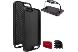 Cuisinel Cast Iron Griddle/Grill + Burger Press + Pan Scrapers - Reversible Pre-Seasoned 20" X 10" Dual Handle Flat Skillet + Griller Pan + Cleaning Accessories - Use Indoor/Outdoor Stove Burner, Gas