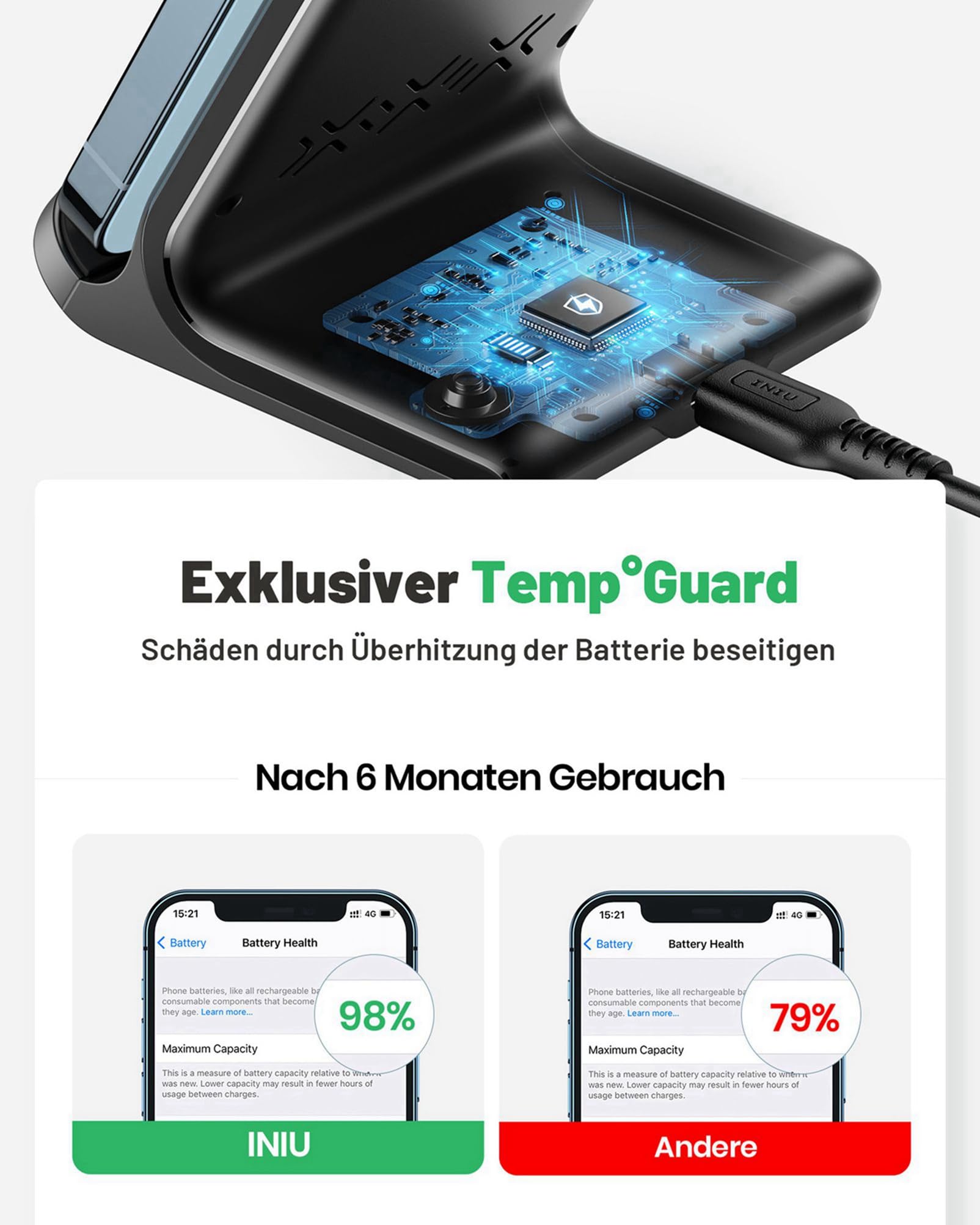 INIU Wireless Charger Stand, 15W Induktive Ladestation Schnelles Kabelloses Ladegerät Handy Ständer handyhalterung für iPhone 17 16 15 14 13 12 Pro Max Samsung Galaxy S23 S22 Google etc 5