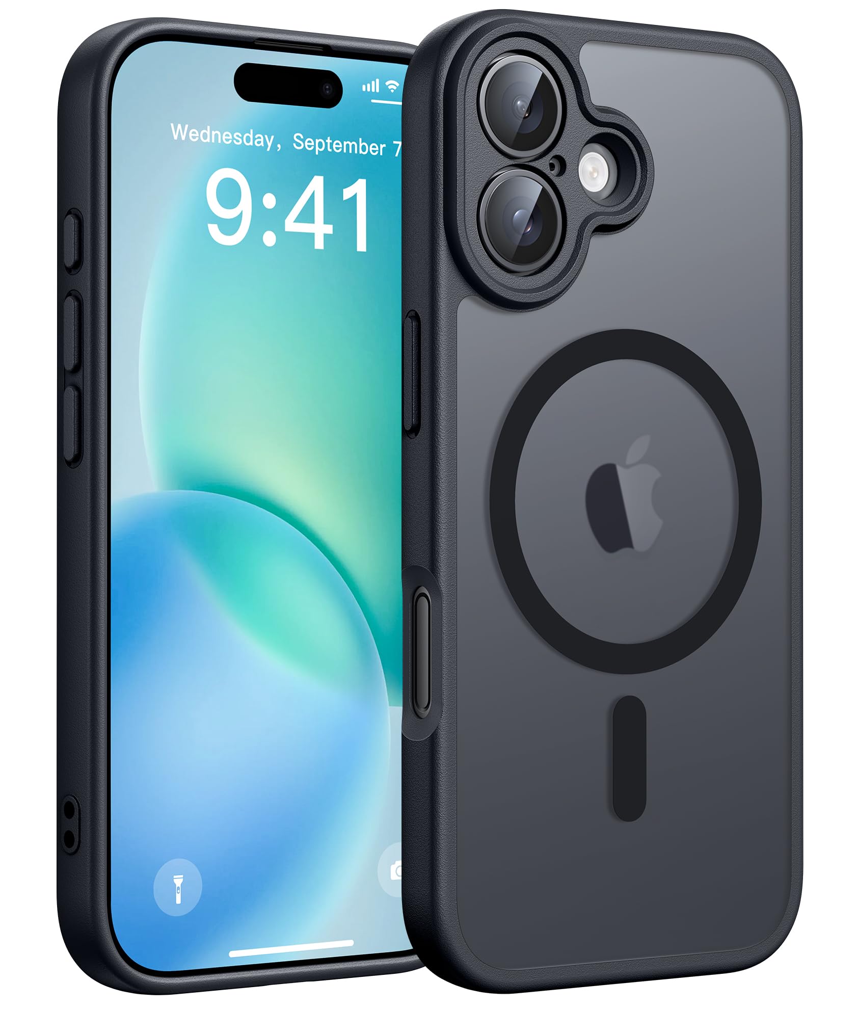 FNTCASE for iPhone 16 Phone Case: Magnetic Translucent Matte Shockproof Slim Cell Phone Cover - Military Grade Drop Proof Hard Back Anti-Fingerprint Protective Case - Black