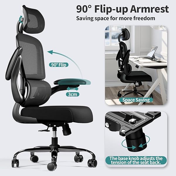 TRALT OFFICE CHAIR ERGONOMIC DESK CHAIR, 330 LBS HOME MESH OFFICE DESK CHAIRS WITH WHEELS, COMFORTABLE GAMING CHAIR, HIGH BACK OFFICE CHAIR FOR LONG HOURS (BLACK)