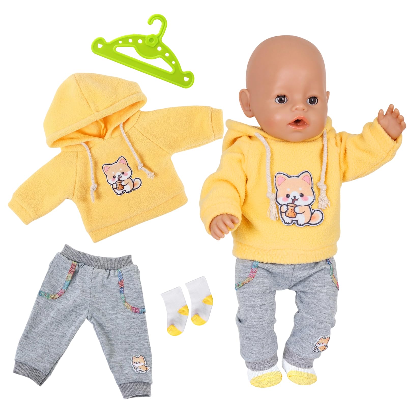 Baby Dolls Clothes Outfit for Newborn Baby 35-43 cm Doll 14 Inch 16 Inch 17 Inch Baby Doll, Include 1 Dog Hoodie 1 Pants 1 Hanger 1 Pair Socks, Doll Clothing Set for Kids Girls Yellow
